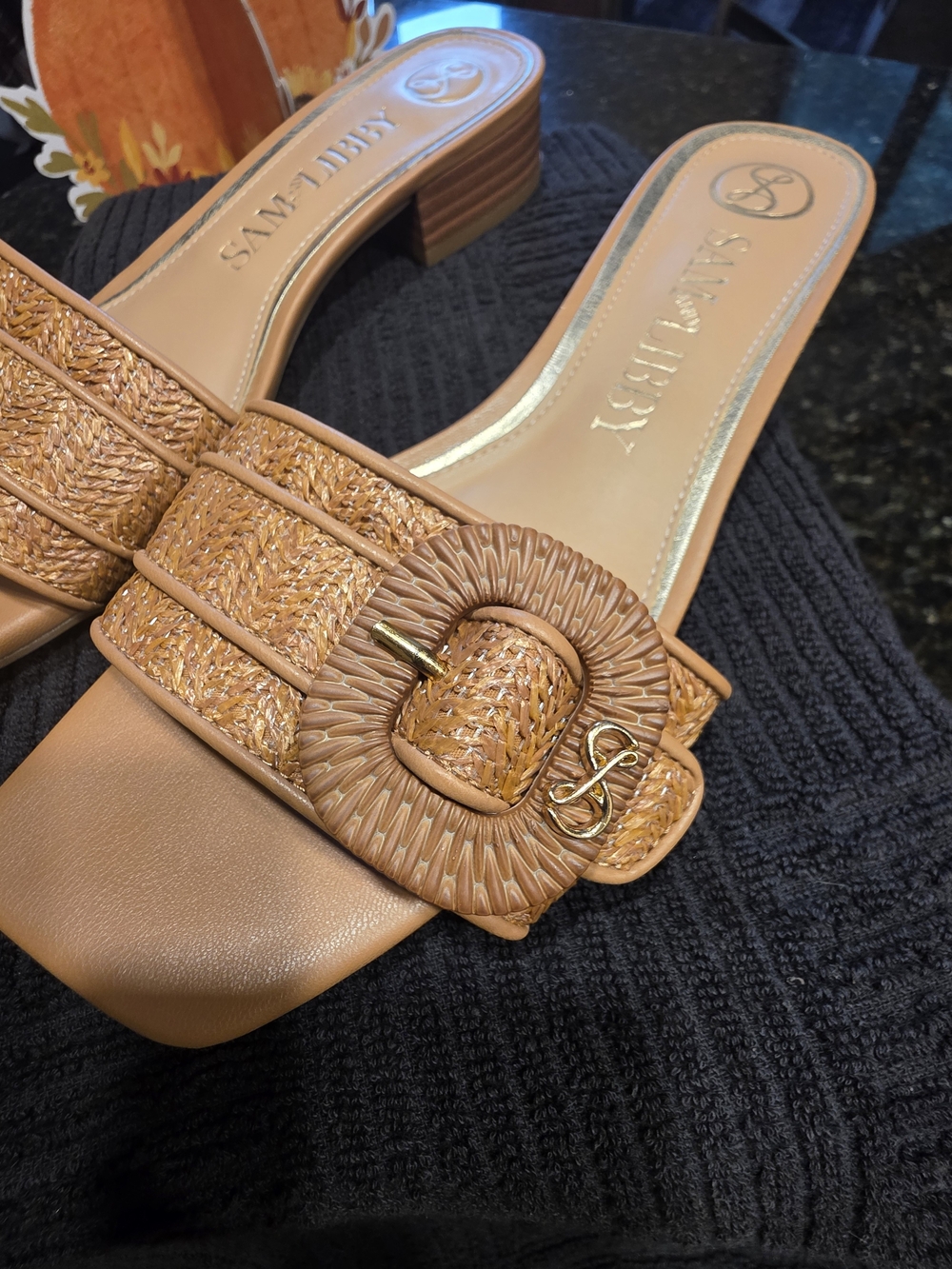 Sam & Libby Tan Woven Slide Sandals with Decorative Buckle